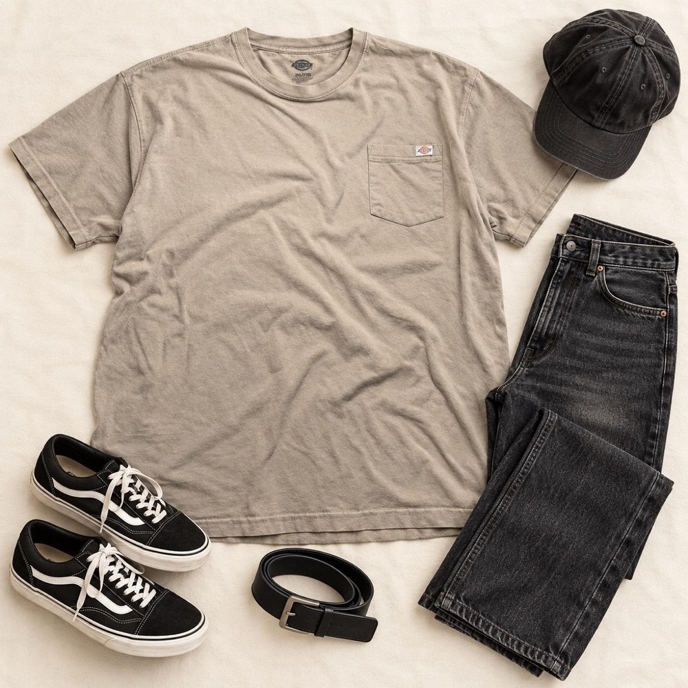 Dickies men's pocket tee in a neutral tan/khaki shade. 100% cotton, 2XL